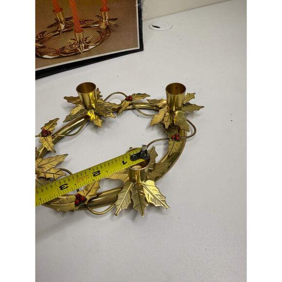 Vintage Oval Brass Holly Berries 4 Candlestick Holder 1970s - Picture 7 of 10